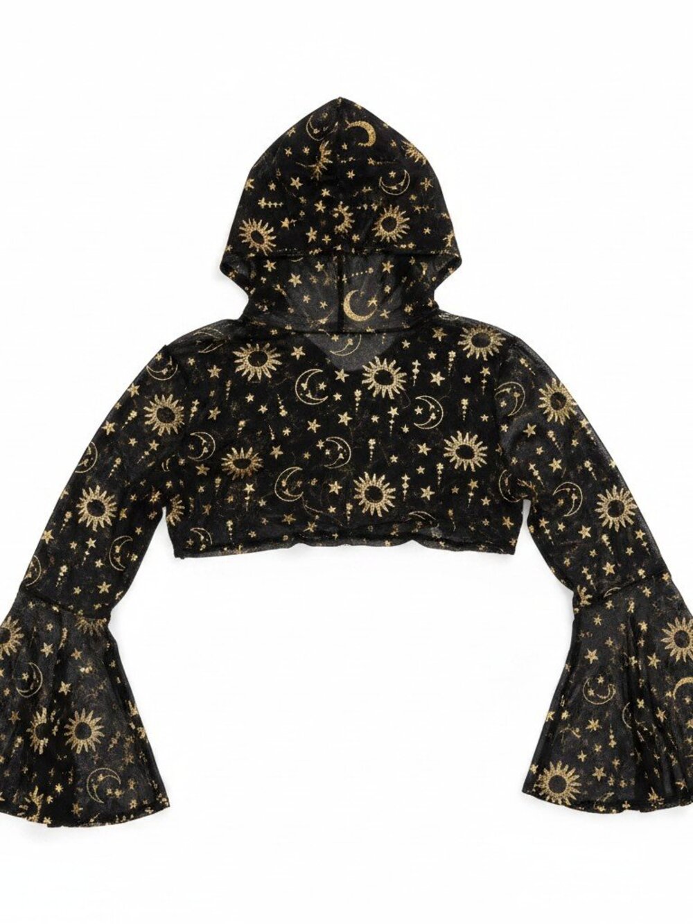 Celestial Sun Moon Stars Cropped Hooded Shrug Bell Sleeve Top